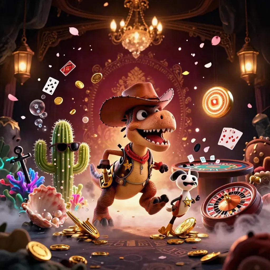 Cowboy T-Rex, cactus sidekick, and roadrunner amid treasure, casino lights, and neon red glow.