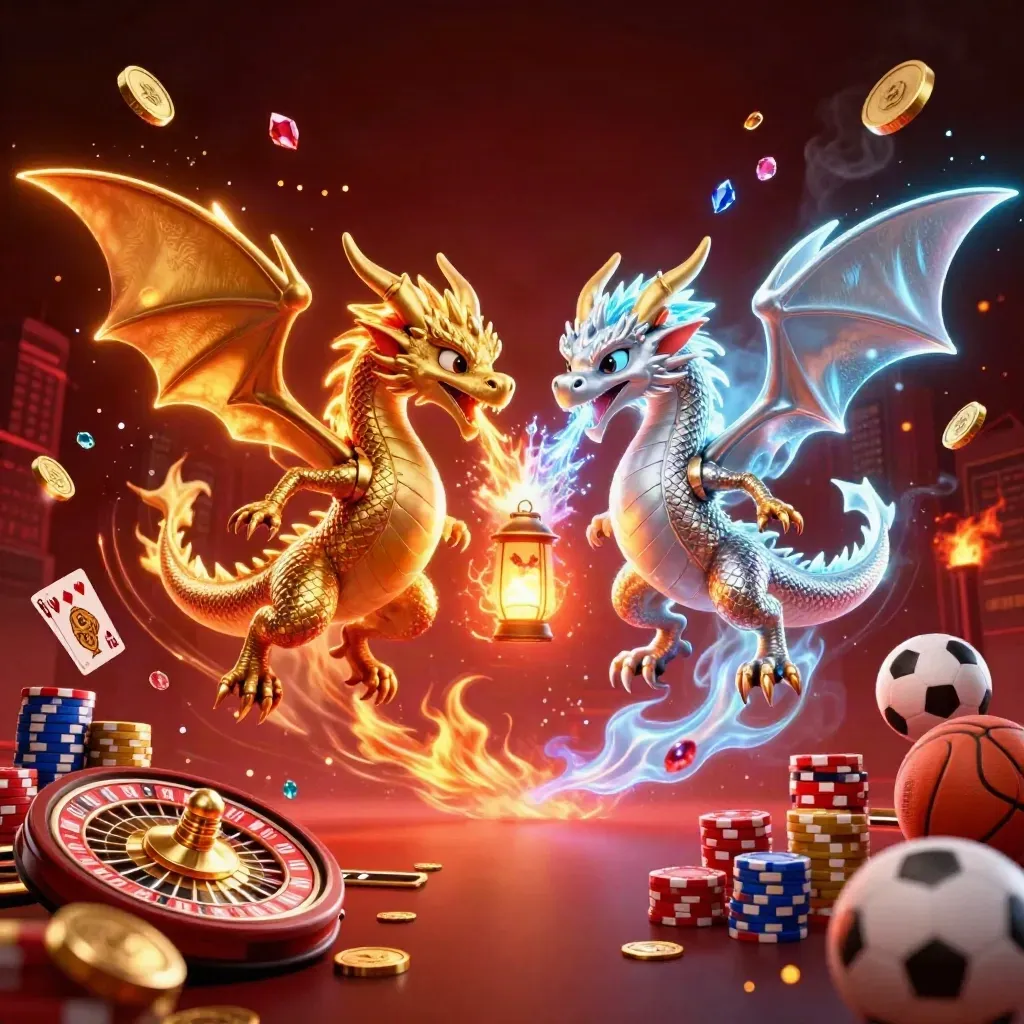Gold and silver dragons swirl amid casino chips, coins, cards, and a roulette wheel in neon light.