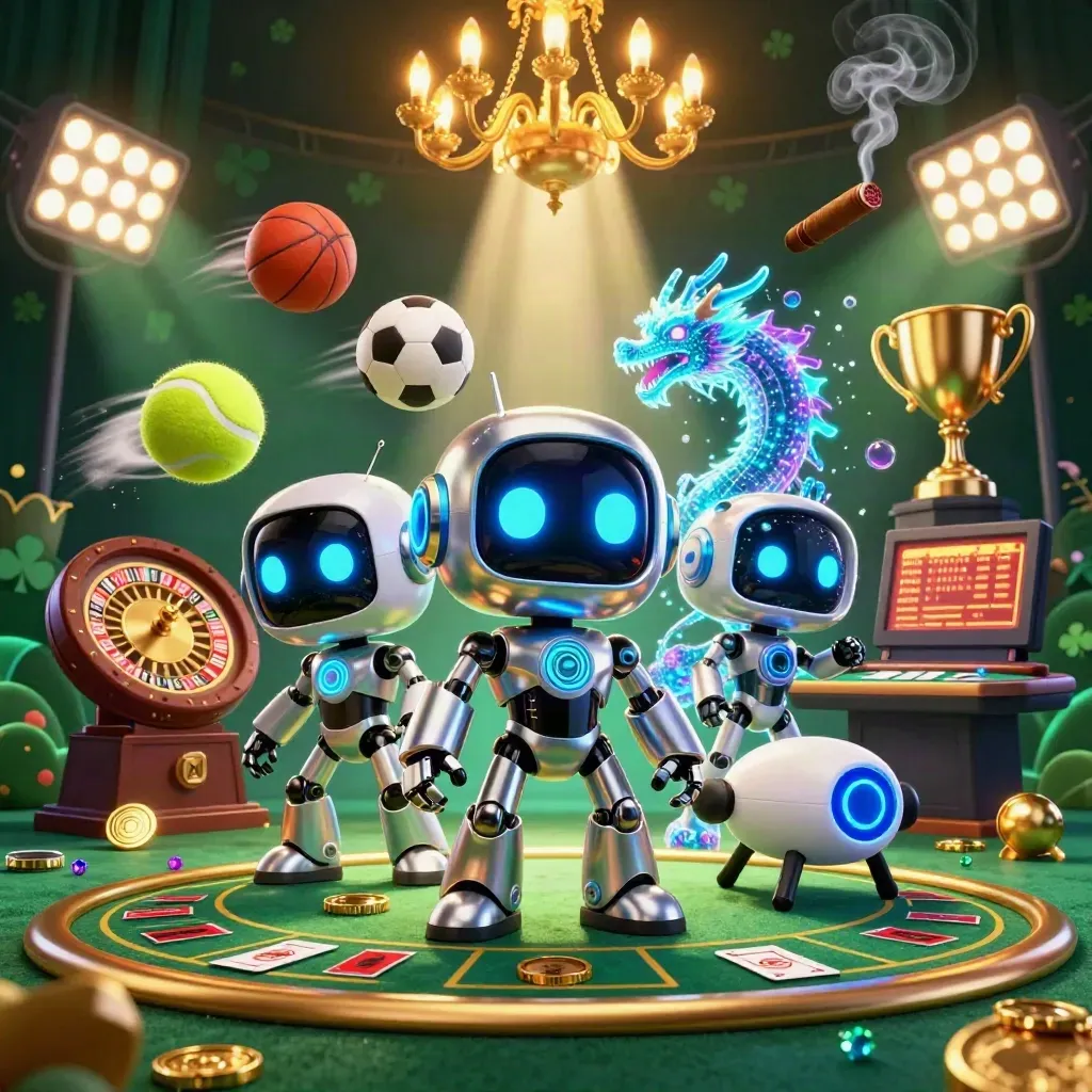 Cyberpunk robot, holographic dragon, and coin drone in a neon casino sports scene.