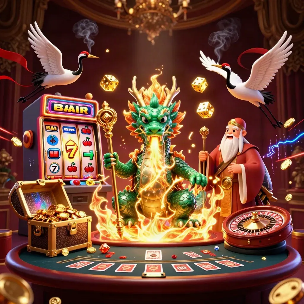 Jade dragon, turtle sage, and cranes amid casino lights, slot burst, roulette, and gold glow