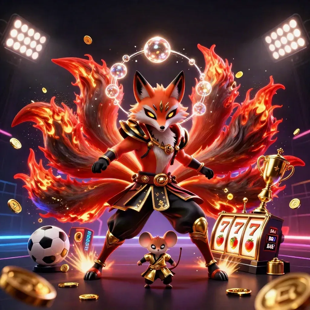Neon fox spirit and gold-armored mouse amid casino balls, coins, reels, and glowing lights on black.