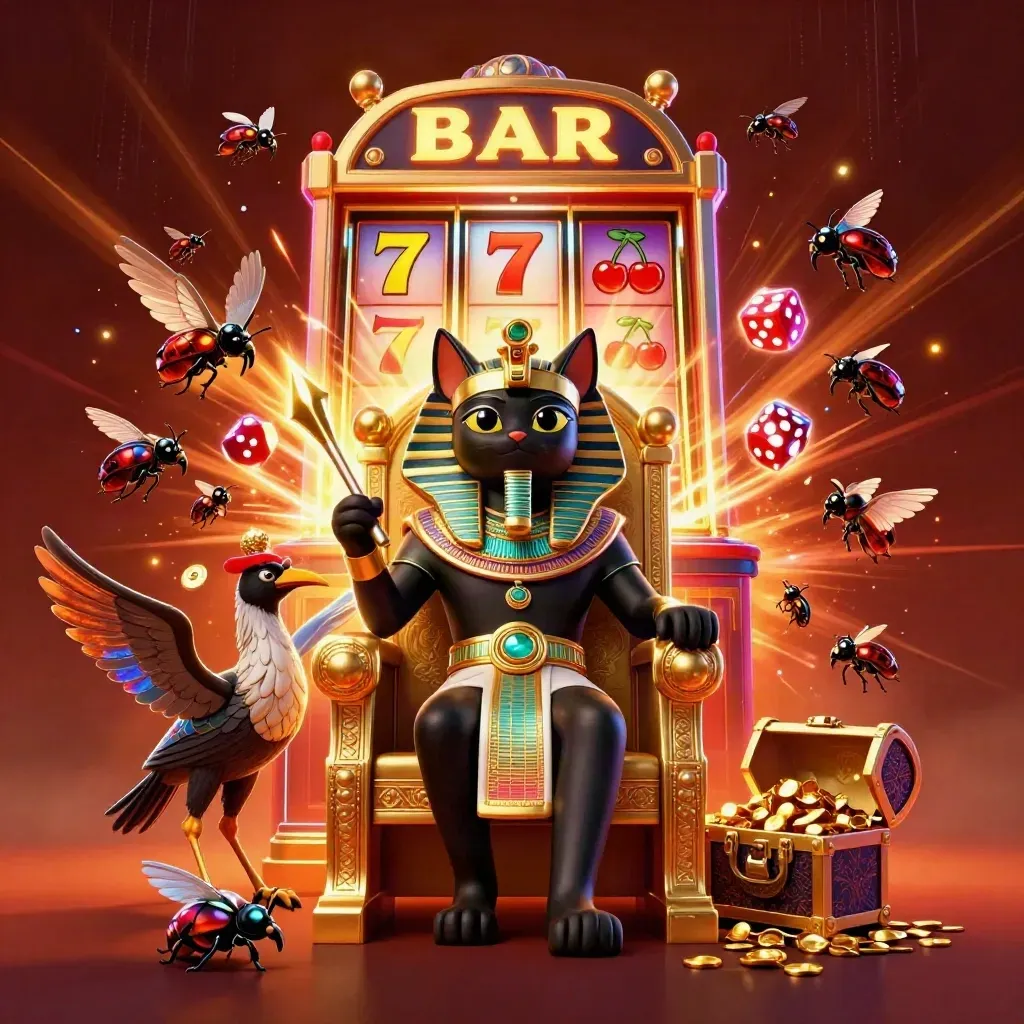 Pharaoh cat on a gold throne with ibis, scarabs, slot machine bursts, and neon casino energy.